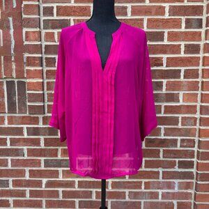 A.N.A Sheer Blouse XL Fuchsia Pink 3/4 Sleeve Pleated V-neck Front Feminine Chic